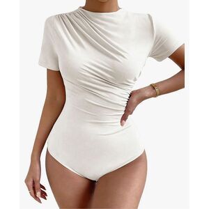 Milumia Women's Casual Ruched Mock Neck T Shirt‎ Short Sleeve Tee Bodysuit. XS